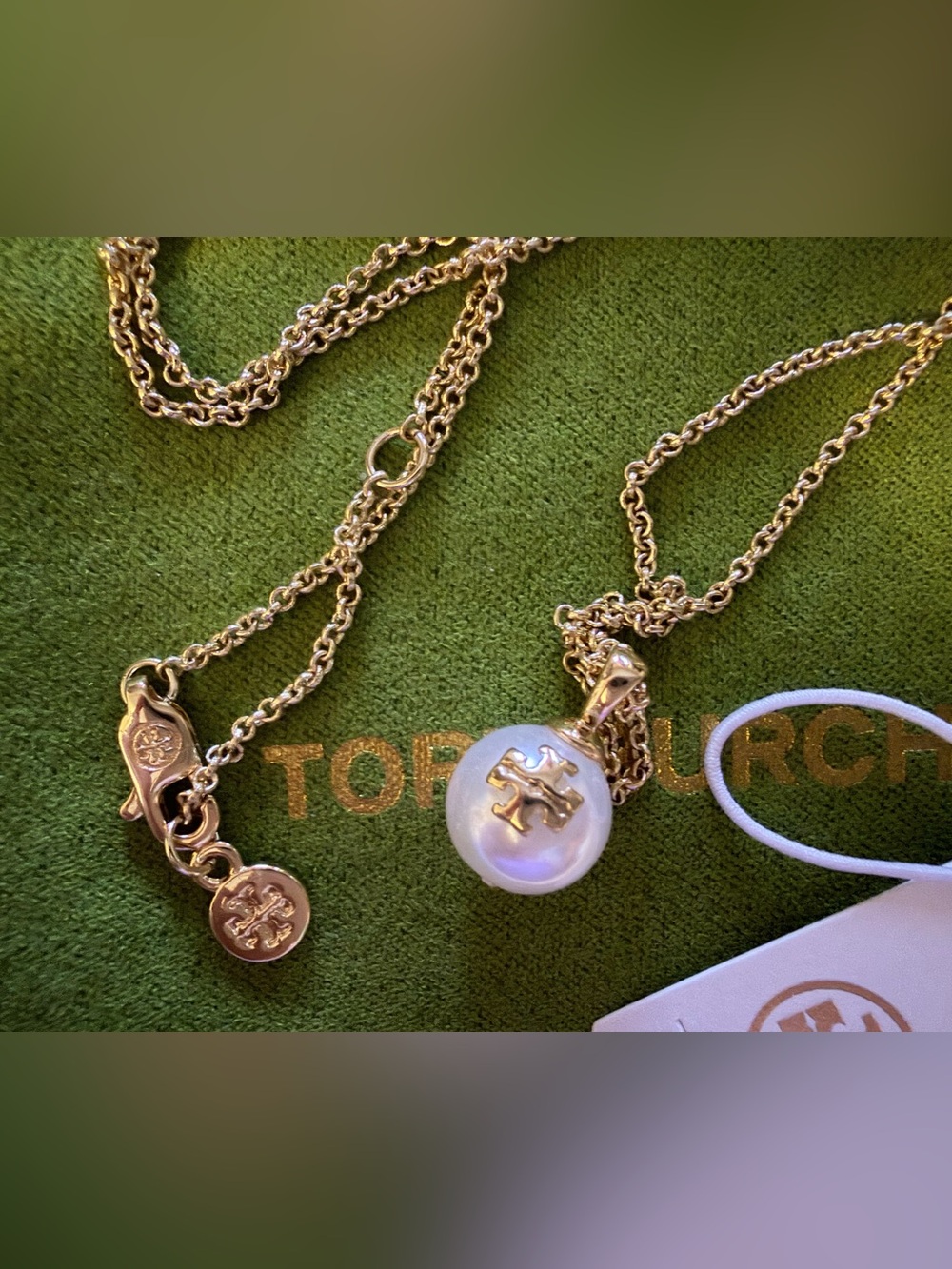 Tory Burch Gold Chain Necklace with Pearl Logo Pendant